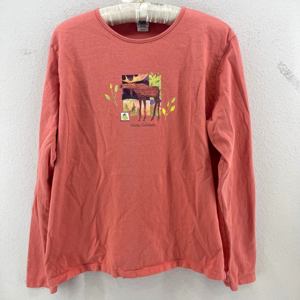 Vintage Suttons Sportswear Moose Ouray Colorado Shirt Womens M Salmon Granola